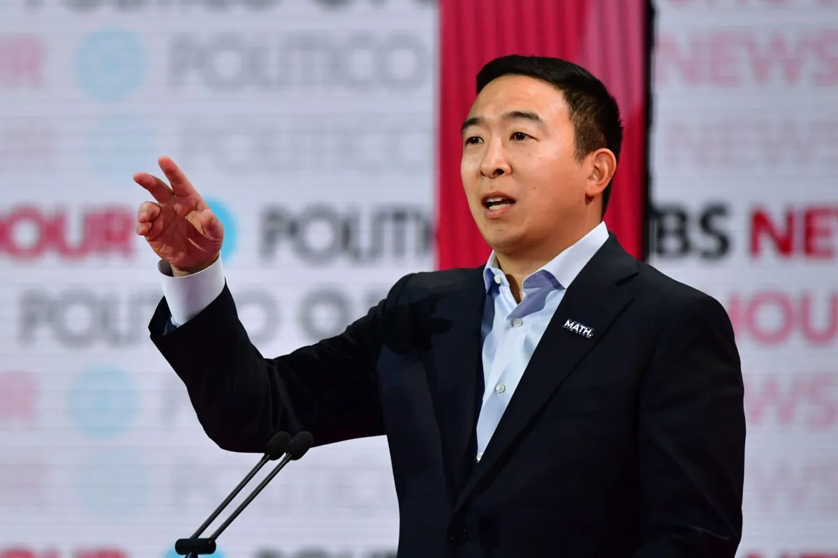 Democrat presidential hopeful entrepreneur Andrew Yang speaks during the sixth Democrat primary debate of the 2020 presidential campaign season co-hosted by PBS NewsHour & Politico at Loyola Marymount University in Los Angeles, Calif. on Dec. 19, 2019. (Frederic J. Brown/AFP via Getty Images)
