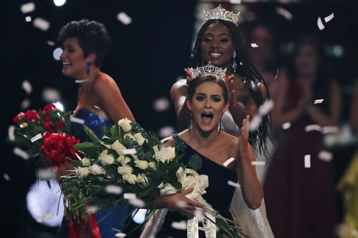 Camille Schrier, of Virginia, reacts reacts as she is crowned after winning the Miss America competition at the Mohegan Sun casino in Uncasville, Conn., on Dec. 19, 2019. (Charles Krupa/AP Photo)