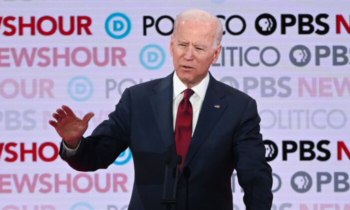 Democratic presidential hopeful former Vice President Joe Biden speaks during the sixth Democratic primary debate of the 2020 presidential campaign season at Loyola Marymount University in Los Angeles, Calif., on Dec. 19, 2019. (Robyn Beck/AFP via Getty Images)