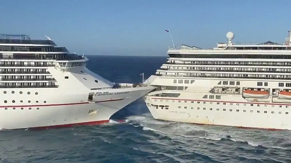 Two Carnival Cruise ships collided at a port in Cozumel, Mexico, on Dec. 20, 2019. (Matthew Bruin/Reuters)

