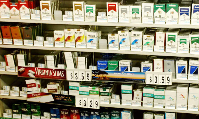 Various packs of cigarettes are shown on a shelf at a Safeway store on Capitol Hill in Washington on Nov. 20, 2002. (Mark Wilson/Getty Images)