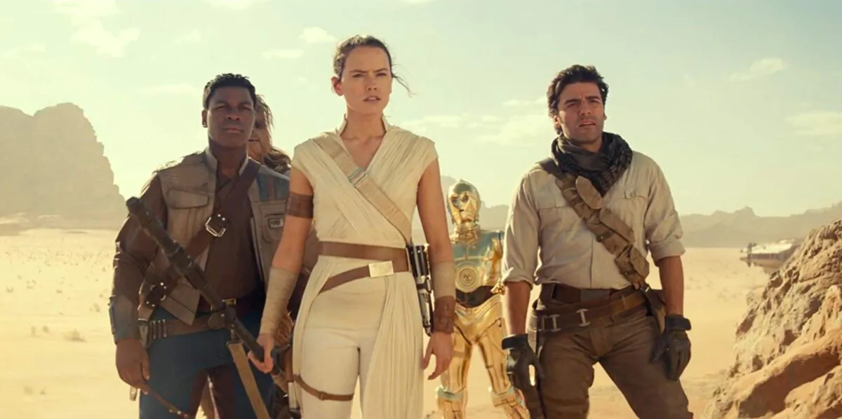 (L–R) John Boyega, Joonas Suotamo (behind), Daisy Ridley, Anthony Daniels, and Oscar Isaac star in the lastest and possibly final “Star Wars” film. (2019 Lucasfilm Ltd.)