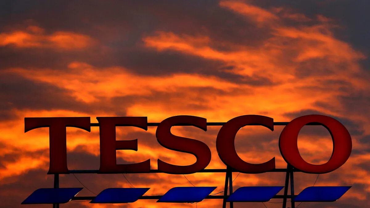A company logo is pictured outside a Tesco supermarket in Altrincham northern England, on April 16, 2016. (Phil Noble/Reuters)
