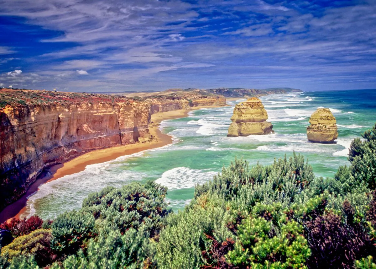 This collection of limestone stacks in proximity to one another by the Great Ocean Road in Victoria is a popular tourist attraction known as The Twelve Apostles. There were never more than nine of these apostles and that ninth one collapsed in 2005. (Fred J. Eckert)