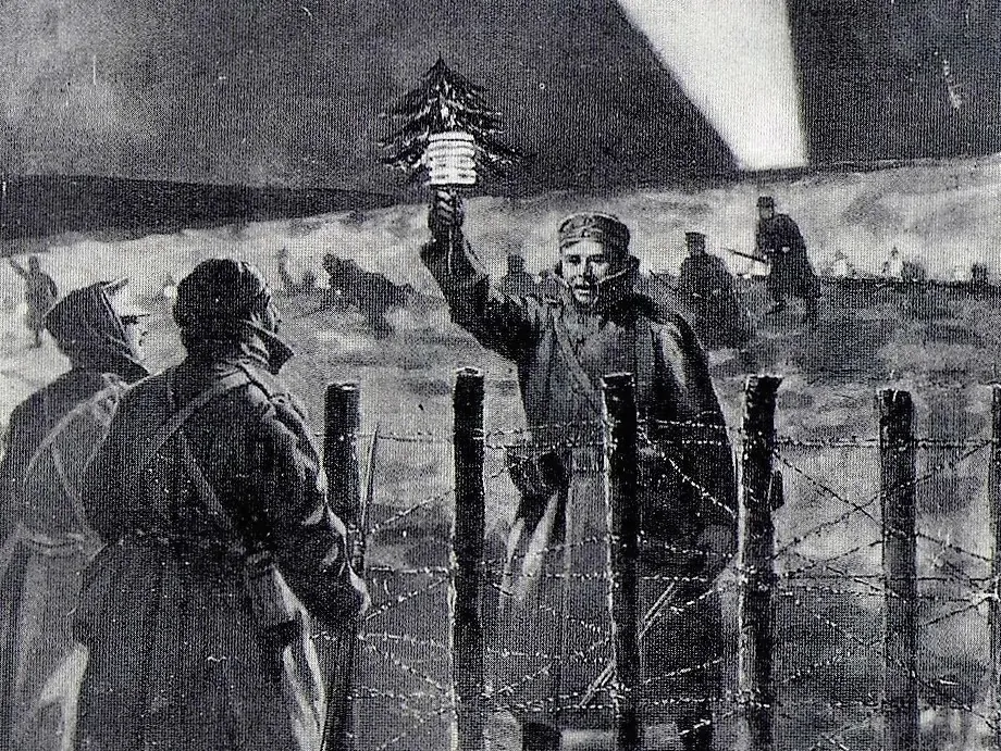 A depiction of the 1914 Christmas truce by Frederic Villiers, published on the front page of the Illustrated London News on Jan. 9, 1915. The original caption was "The light of Peace in the trenches on Christmas Eve: A German soldier opens the spontaneous truce by approaching the British lines with a small Christmas tree." (Public domain)