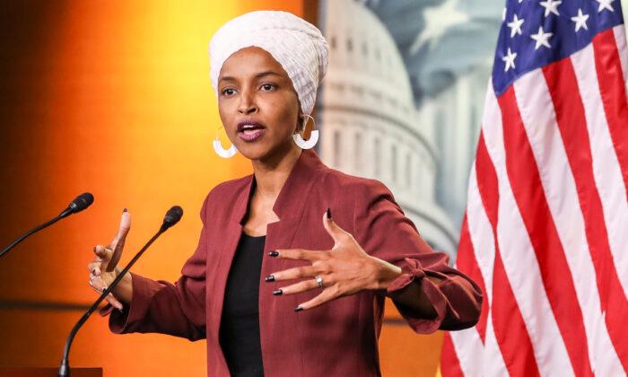 Rep. Ilhan Omar (D-Minn.) speaks at a press conference on Capitol Hll in Washington on July 15, 2019. (Holly Kellum/NTD)