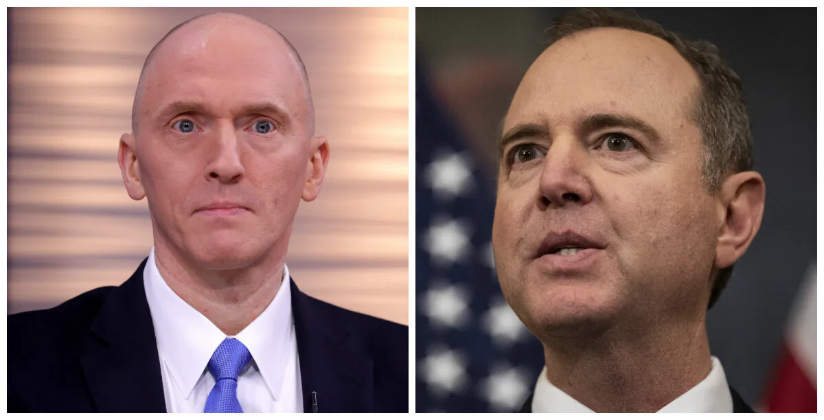 Left, former Donald Trump campaign aide Carter Page participates in a discussion on 'politicization of DOJ and the intelligence community in their efforts to undermine the president' hosted by Judicial Watch at the One America News studios on Capitol Hill in Washington on May 29, 2019. (Chip Somodevilla/Getty Images) On the right, House Intelligence Chairman Adam Schiff (D-Calif.) speaks during a press onference after the House of Representatives voted to impeach President Donald Trump on Dec. 18, 2019. (Drew Angerer/Getty Images)