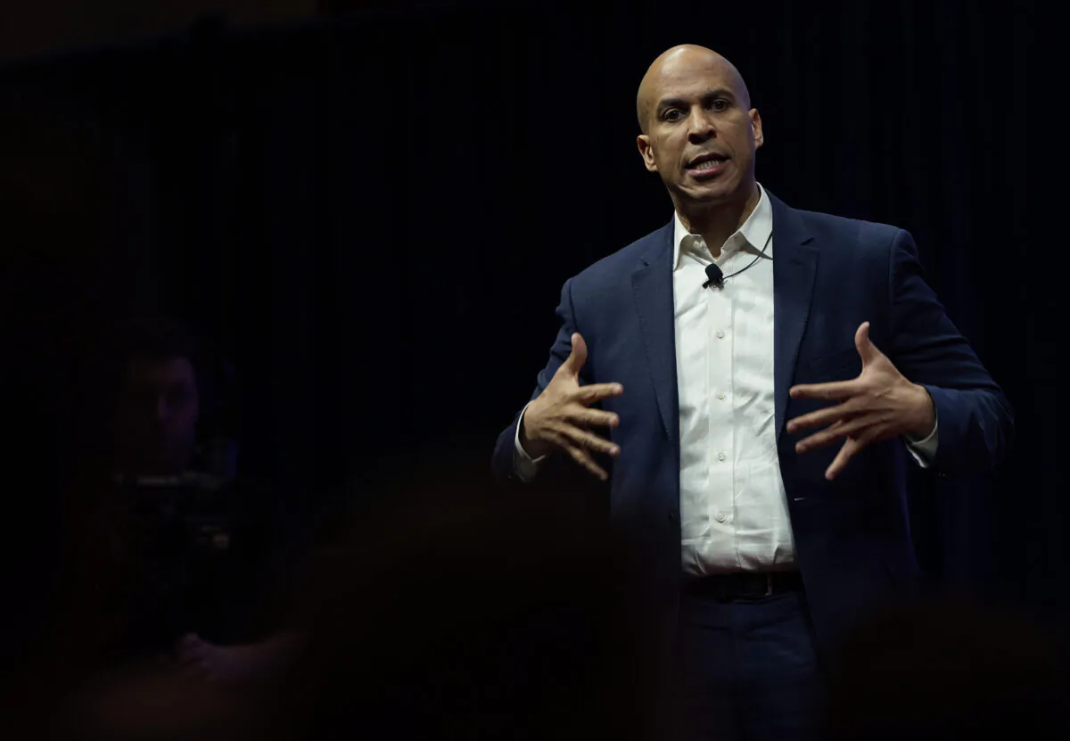 Democratic presidential candidate Sen. Cory Booker (D-N.J.) speaks at the Teamsters Vote 2020 Presidential Candidate Forum in Cedar Rapids, Iowa on Dec. 7, 2019. (Win McNamee/Getty Images)
