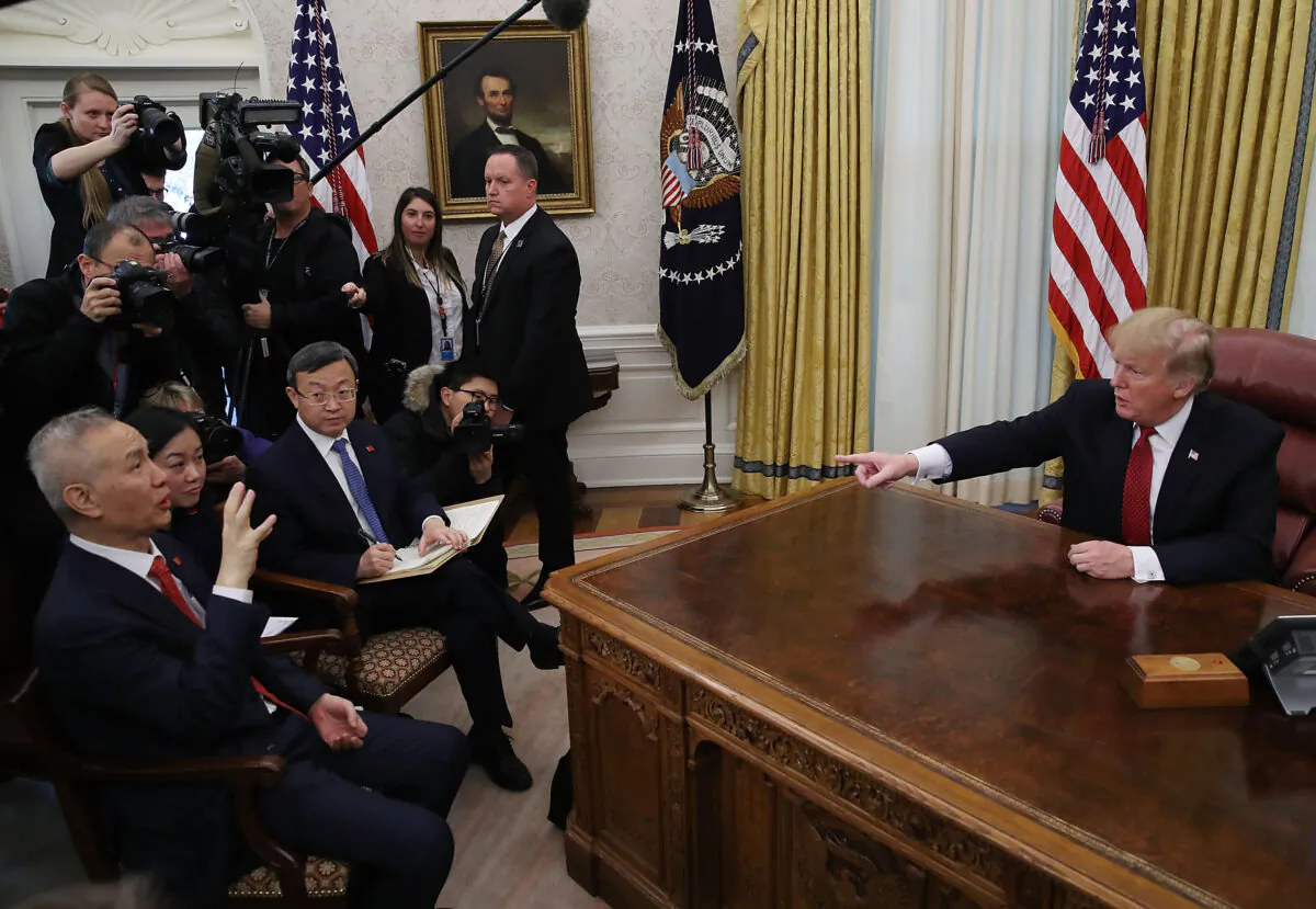President Donald Trump speaks during a meeting with Chinese Vice Premier Liu He (L), in the Oval Office at the White House on Jan. 31, 2019 in Washington, DC. (Mark Wilson/Getty Images)