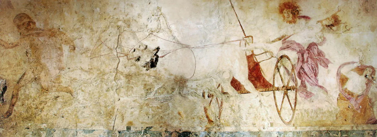 Hades abducting Persephone depicted on a fresco in the small royal tomb at Vergina, Macedonia, Greece, circa 340 B.C. (Public Domain)