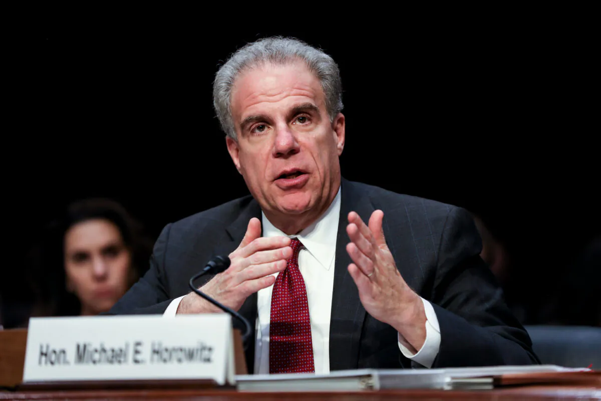 Department of Justice Inspector General Michael Horowitz testifies before the Senate Judiciary Committee in Washington on Dec. 11, 2019. (Charlotte Cuthbertson/The Epoch Times)