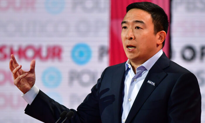 Democratic presidential hopeful Andrew Yang speaks during the sixth Democratic primary debate of the 2020 presidential campaign season co-hosted by PBS NewsHour & Politico at Loyola Marymount University in Los Angeles, Calif., on Dec. 19, 2019.  Frederic J. Brown/AFP via Getty Images