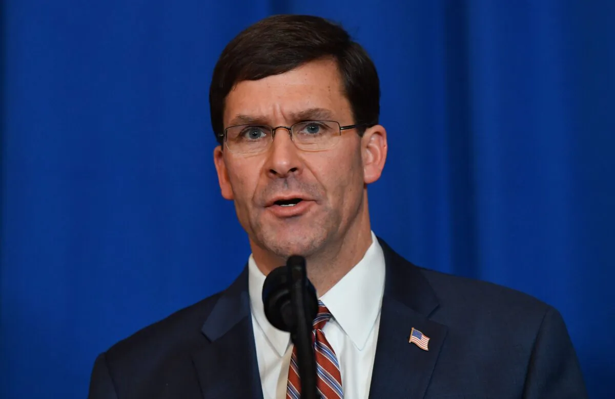 U.S. Secretary of Defense Mark Esper speaks onstage during a briefing on the past 72 hours events in Mar a Lago, Palm Beach, Florida, on Dec. 29, 2019. (NICHOLAS KAMM/AFP via Getty Images)