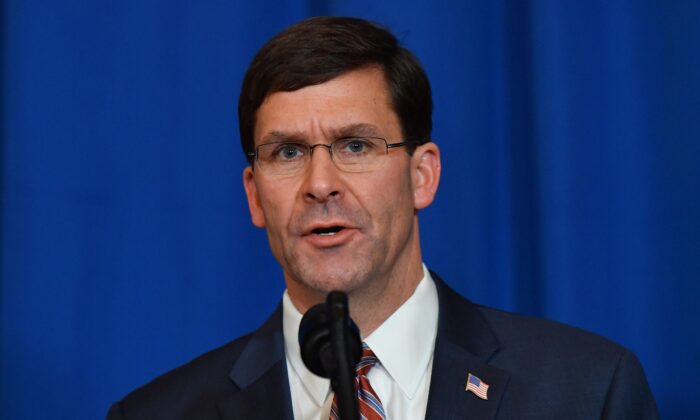 U.S. Secretary of Defense Mark Esper speaks onstage during a briefing on the past 72 hours events in Mar a Lago, Palm Beach, Florida, on Dec. 29, 2019. (NICHOLAS KAMM/AFP via Getty Images)