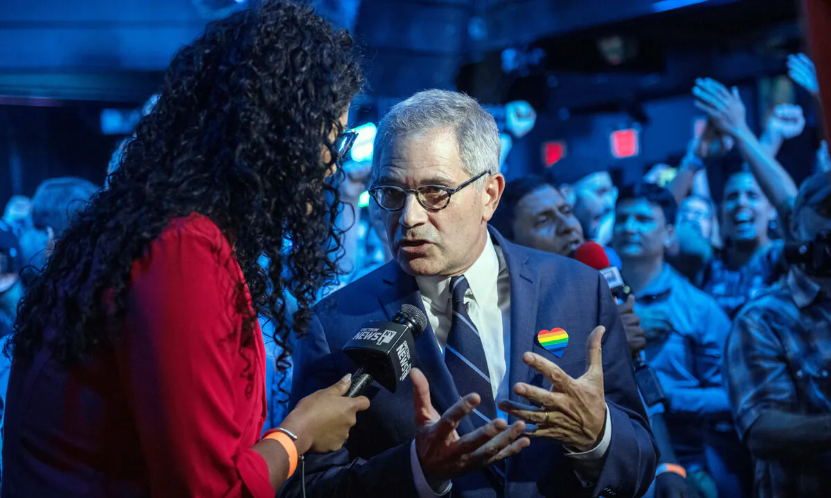 Philadelphia District Attorney Larry Krasner speaks to a reporter at the election party of public defender Tiffany Caban moments before she claimed victory in the Queens district attorney Democratic primary election in the Queens borough of New York City on June 25, 2019. (Scott Heins/Getty Images)