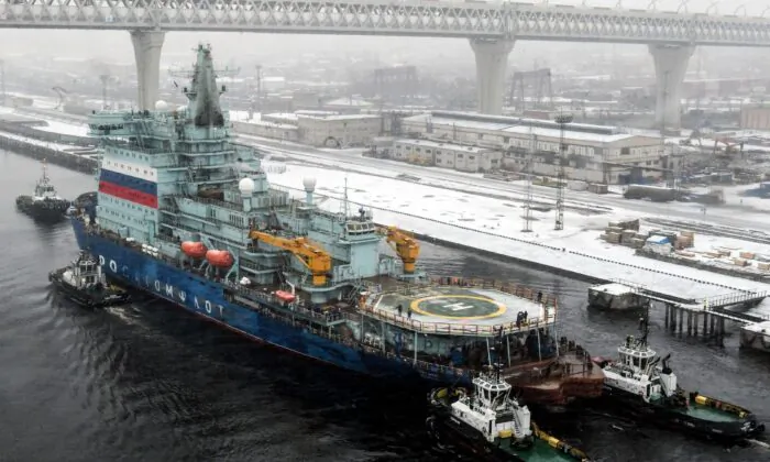 Russia's nuclear-powered icebreaker Arktika, touted as the strongest of its kind and a symbol of Moscow's ambition to tap the Arctic's commercial potential, returns to Saint Petersburg on Dec. 14, 2019, after a two-day test run. (Olga Maltseva/AFP via Getty Images)