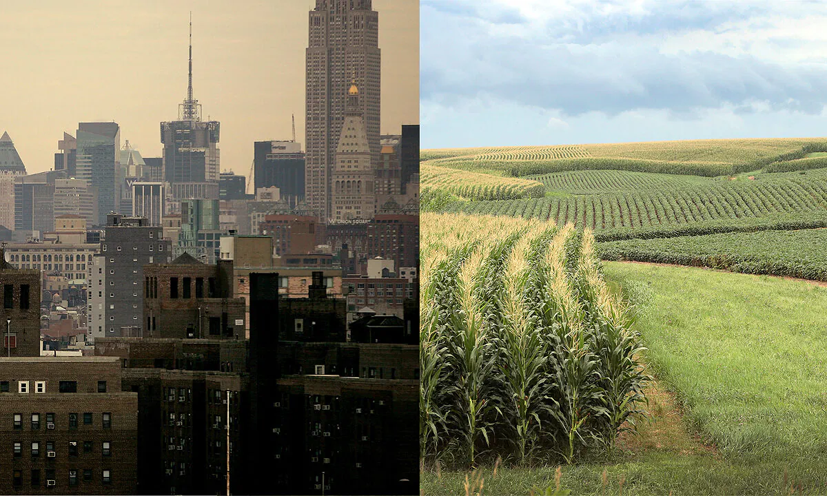 Left: The skyline of downtown Manhattan in New York City on Jan. 12, 2007. Right: Corn and soybeans grow on a farm near Tipton, Iowa, on July 13, 2018. (Spencer Platt/Scott Olson/Getty Images)