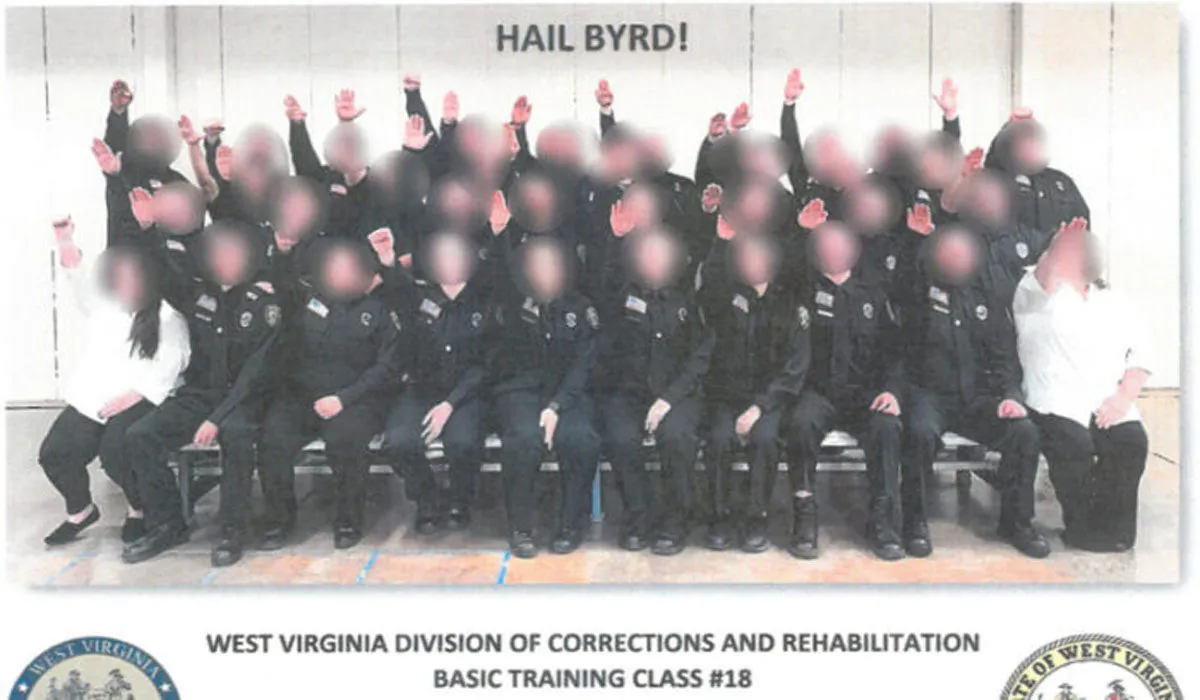 The class photo showing members of the basic training class with their hands outstretched in what appears to be a Nazi salute. It's captioned "Hail Byrd" in a reference to an instructor named Byrd.
(West Virginia Department of Military Affairs and Public Safety)