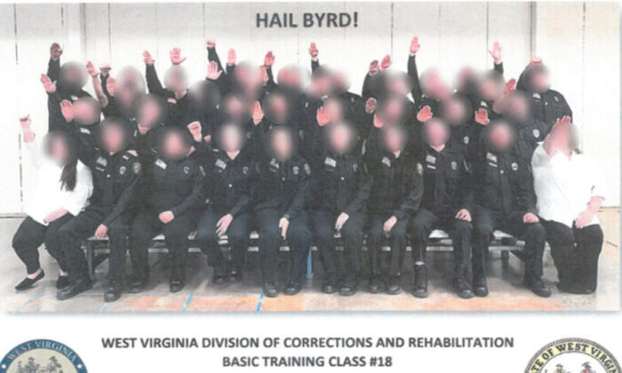 The class photo showing members of the basic training class with their hands outstretched in what appears to be a Nazi salute. It's captioned "Hail Byrd" in a reference to an instructor named Byrd. 
(West Virginia Department of Military Affairs and Public Safety)
