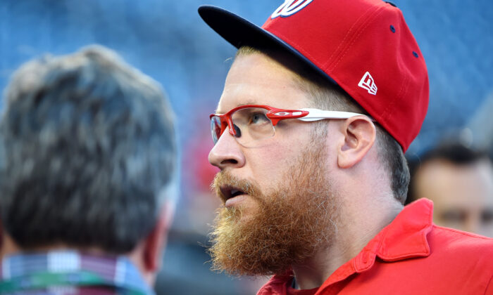 Washington Nationals pitcher Sean Doolittle looks on during batting practice prior to Game Five of the 2019 World Series against the Houston Astros at Nationals Park in Washington on Oct. 27, 2019.  (Will Newton/Getty Images)