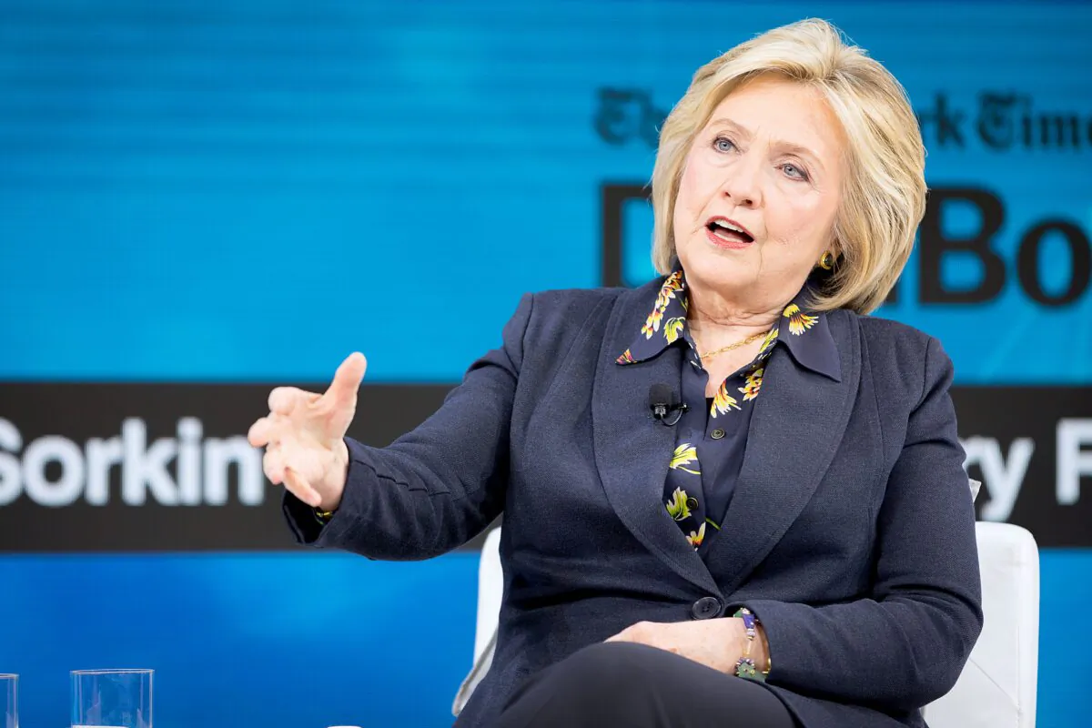 Hillary Rodham Clinton, former first lady, U.S. senator, and secretary of state, speaks at 2019 New York Times DealBook conference, in New York, on Nov. 6, 2019. (Mike Cohen/Getty Images)