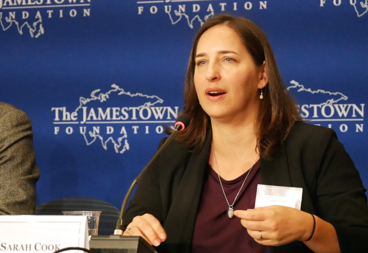 Sarah Cook, China analyst at Freedom House, at an event at the Jamestown Foundation on Oct. 15, 2019. (Li Chen/The Epoch Times)