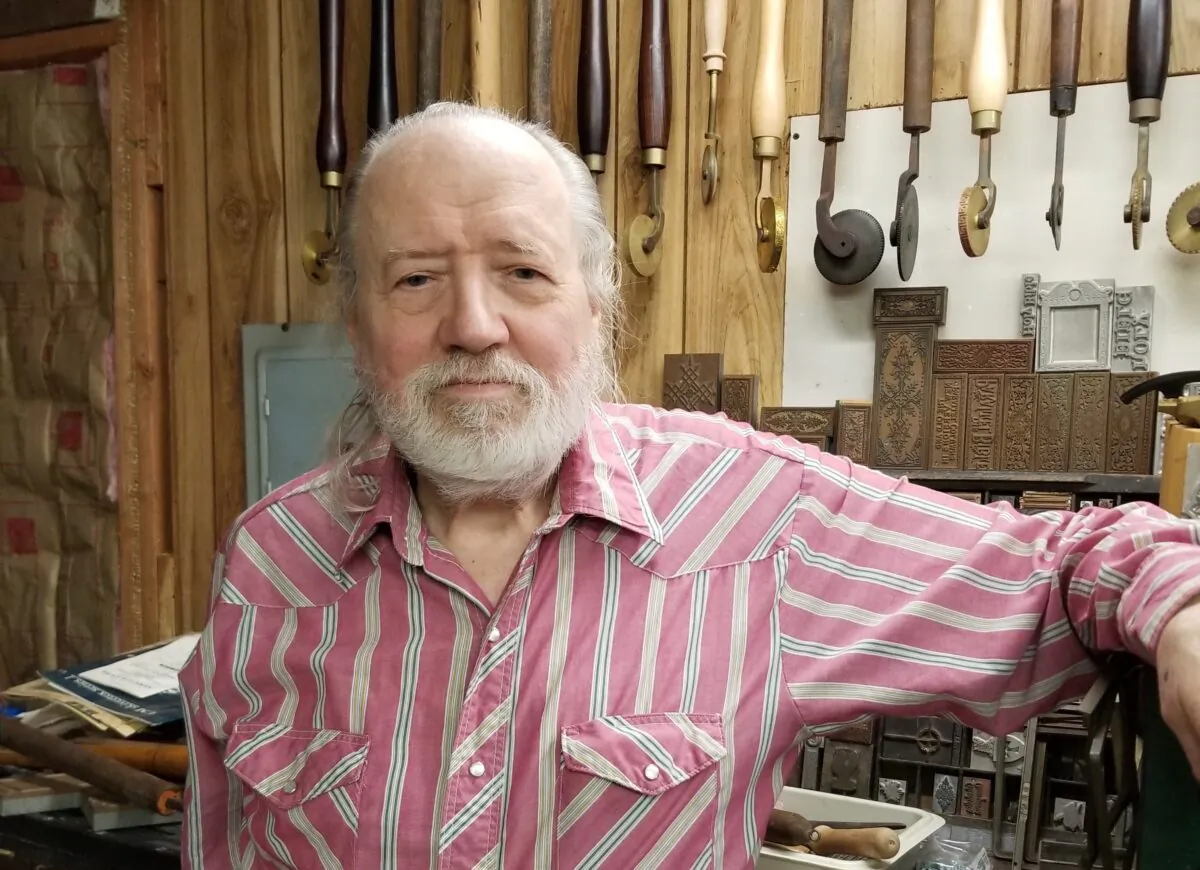 Bookbinder Edward Stansell in his workshop on Dec. 26, 2019. (Sandy Stansell)