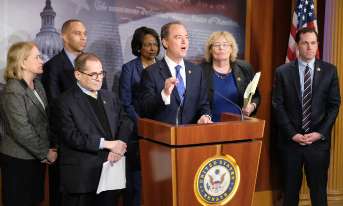 House impeachment managers (L-R) Rep. Sylvia Garcia (D-Texas), Rep. Hakeem Jeffries (D-N.Y.), Rep. Jerry Nadler (D-N.Y.), Rep. Val Demings (D-Fla.), Rep. Adam Schiff (D-Calif.), Rep. Zoe Lofgren (D-Calif.) and Rep. Jason Crow (D-Col.) hold a news conference after day five of the Senate impeachment trial against President Donald Trump at the Capitol in Washington on Jan. 25, 2020. (Alex Wroblewski/Getty Images)