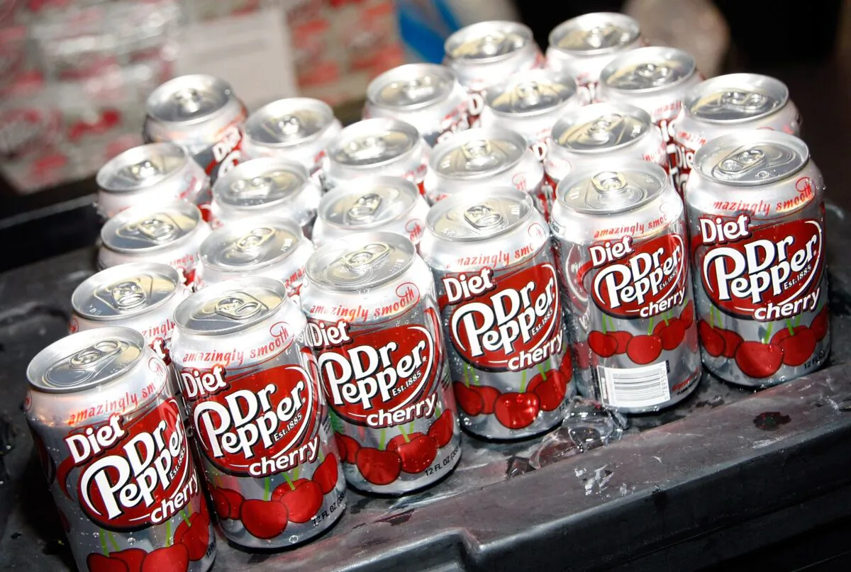 A general view of Diet Dr. Pepper Cherry cans during the Academy of Country Music all-star concert at the Fremont Street Experience in Las Vegas, Nev., on April 3, 2009.  (Ethan Miller/Getty Images)