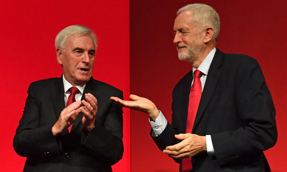 Britain's Labour Party Leader Jeremy Corbyn (R) gestures to Labour party's shadow Chancellor John McDonnell (L) on stage after McDonnell's speech during the Labour party conference in Brighton, England, on Sept. 23, 2019.  Daniel Leal-Olivas/AFP via Getty Images