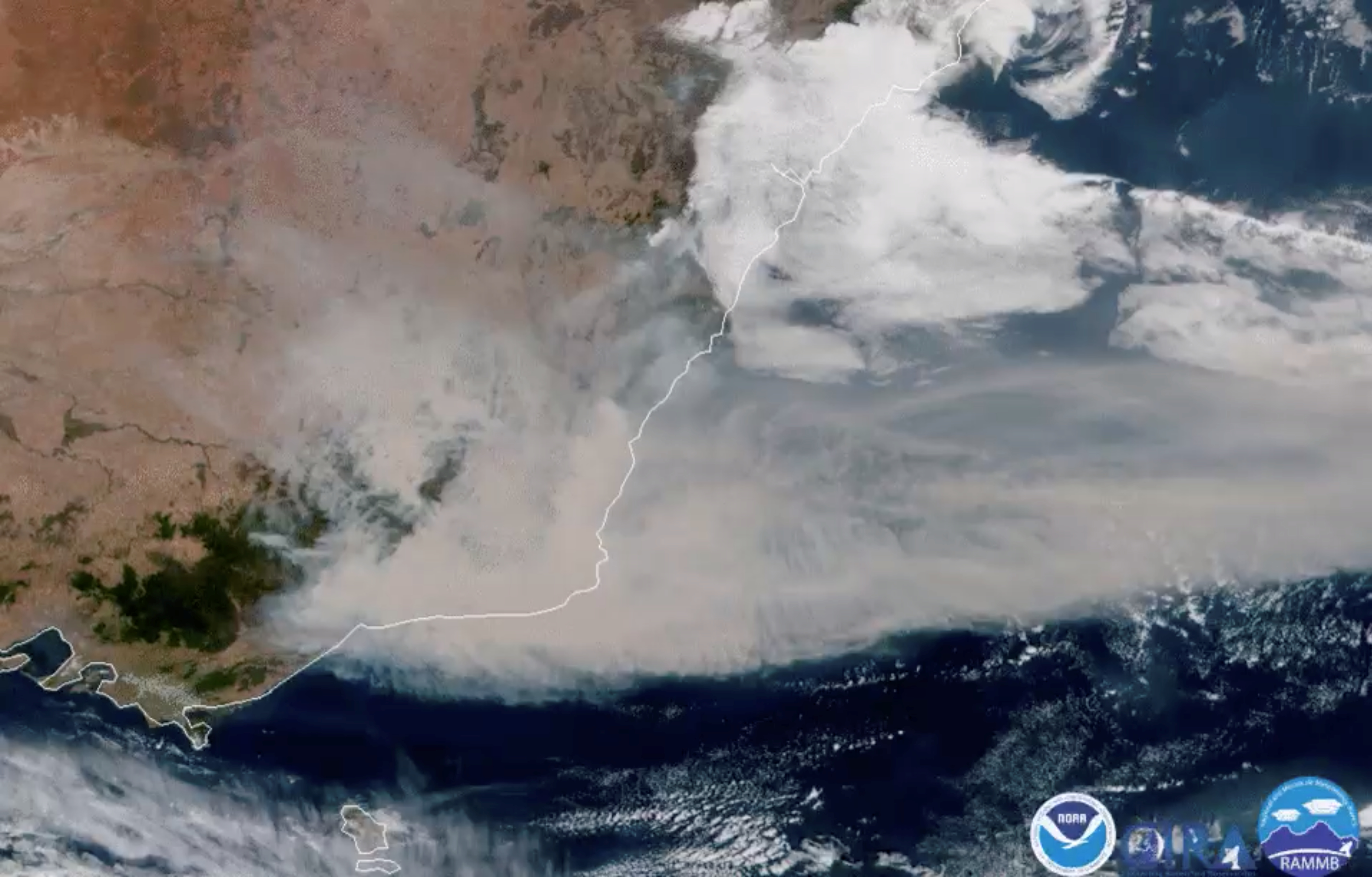 A satellite image shows bushfire smoke