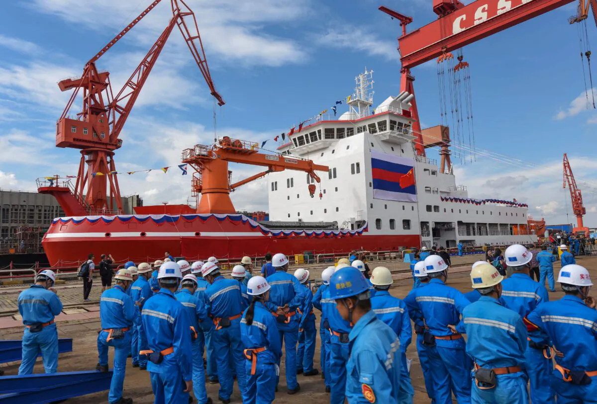 China's icebreaker, Xuelong 2, at a launch ceremony at a shipyard in Shanghai, China on Sept. 10, 2018. (STR/AFP via Getty Images)