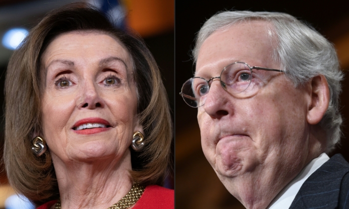 House Speaker Nancy Pelosi (D-Calif.) at a press conference on Capitol Hill on, Dec. 19, 2019, and Senate Majority Leader Mitch McConnell (R-Ky.) at a media availability on Capitol Hill in Washington on Nov. 7, 2018. (Saul Loeb and Nicholas Kamm/AFP via Getty Images)