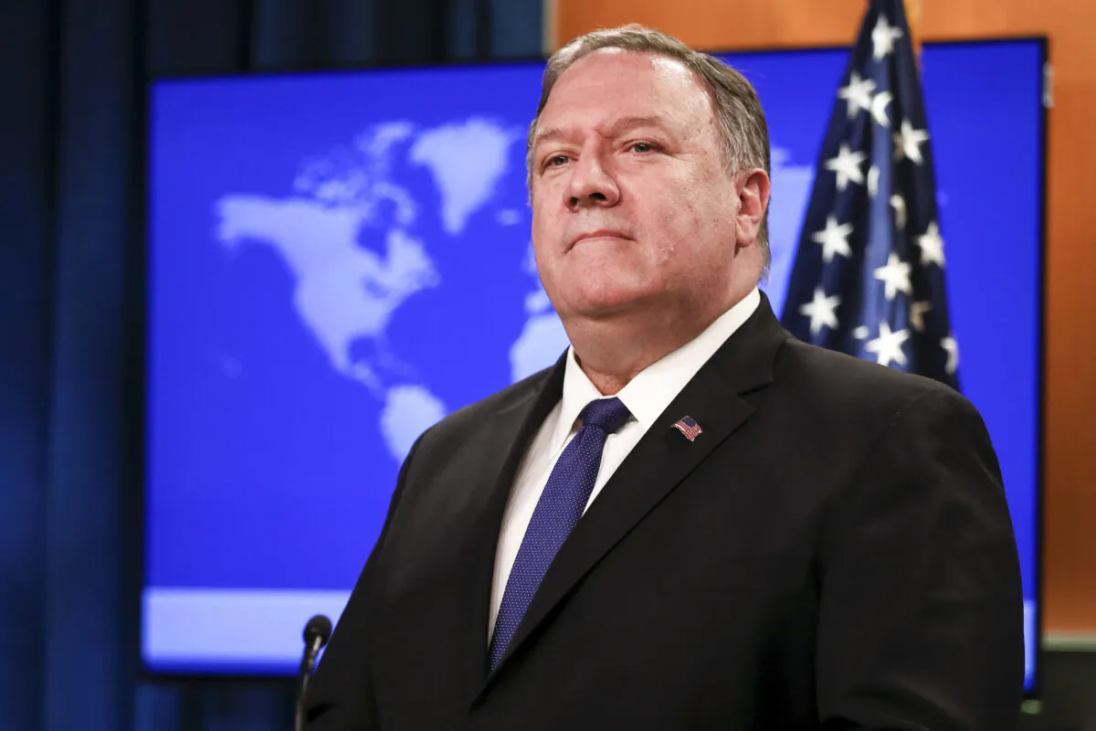 Secretary of State Mike Pompeo speaks during a media briefing at the State Department in Washington in a file photograph. (Samira Bouaou/The Epoch Times)