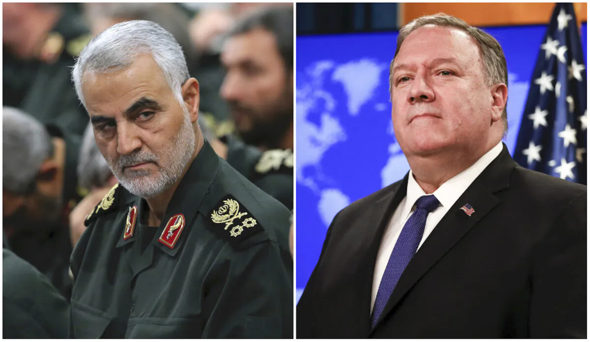 L: Revolutionary Guard Gen. Qassem Soleimani, center, attends a meeting in Tehran, Iran on Sept. 18, 2016. (Office of the Iranian Supreme Leader via AP, File) R: Secretary of State Mike Pompeo speaks during a media briefing at the State Department in Washington on June 10, 2019. (Samira Bouaou/The Epoch Times)