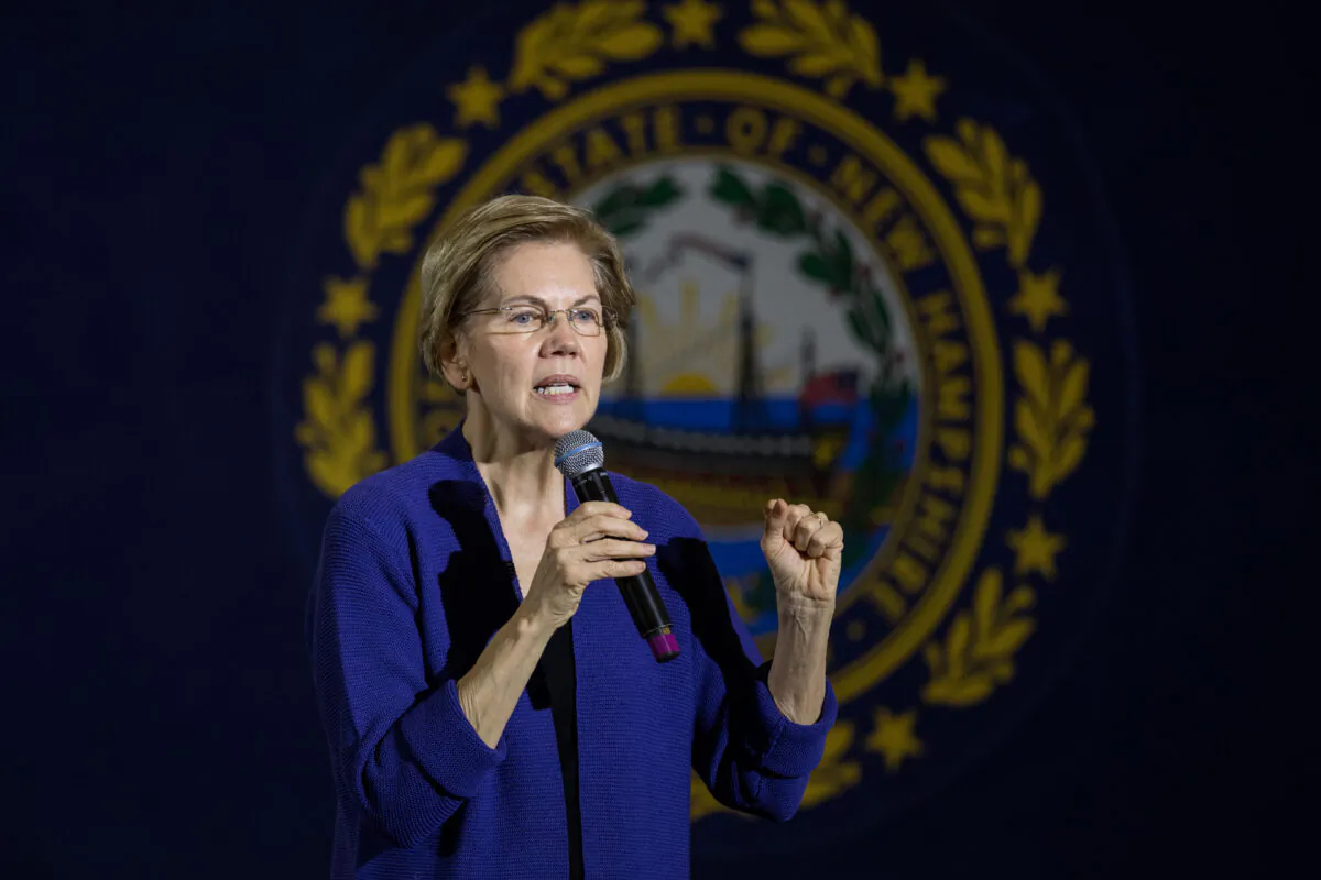 Sen. Elizabeth Warren (D-Mass.) speaks on stage during her first campaign event of 2020 in Concord, New Hampshire on Jan. 2, 2020. The Iowa caucuses, the first nominating contest in the Democratic presidential primary season, will take place on Feb. 3, 2020. (Scott Eisen/Getty Images)
