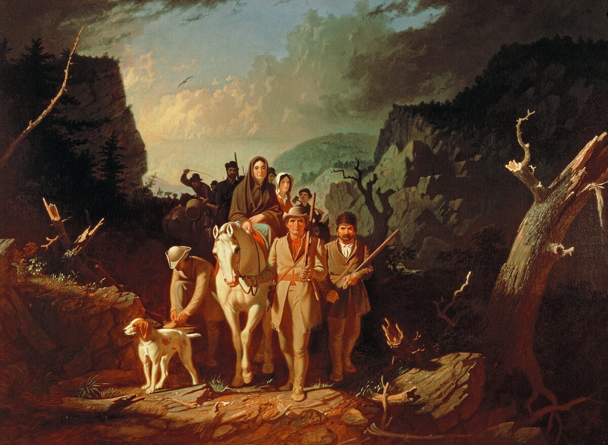 In John Hood's novel, Daniel Boone has the ability to see and talk with a fairy. “Daniel Boone Escorting Settlers Through the Cumberland Gap,” 1851–52, by George Caleb Bingham. (Public Domain)