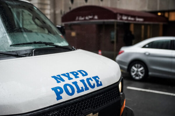 A New York Police Department vehicle parks at Fifth Avenue Synagogue