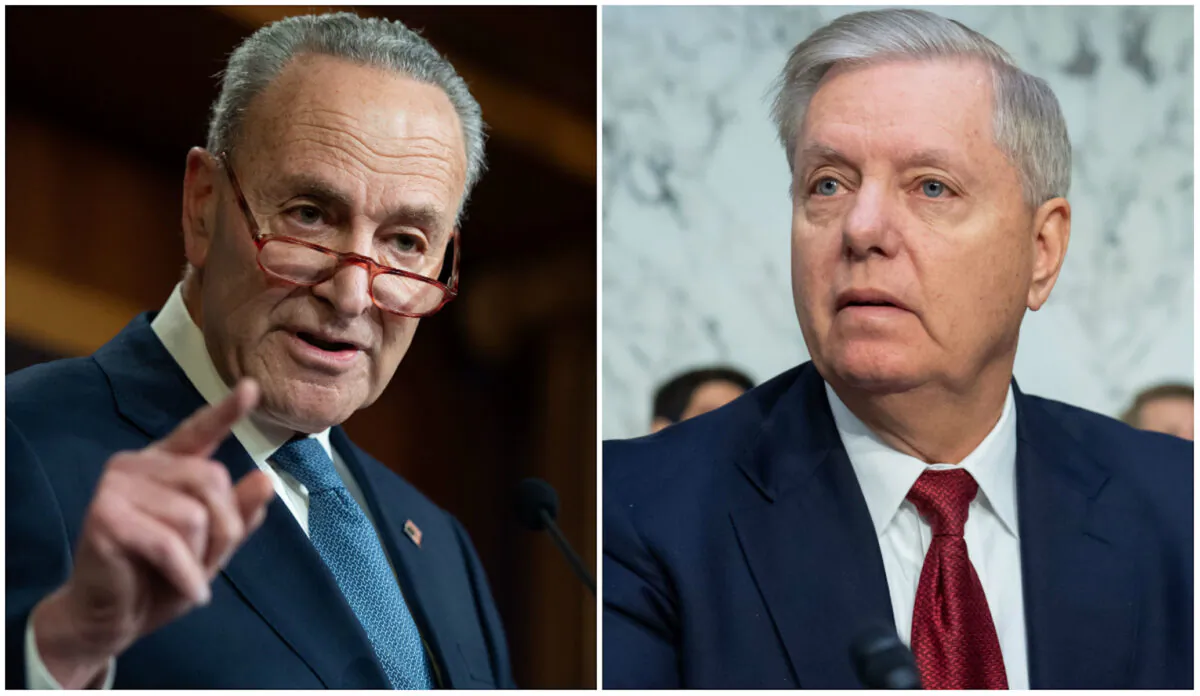 (L) Senate Minority Leader Chuck Schumer (D-N.Y) holds a press conference at the U.S. Capitol in Washington on Dec. 16, 2019. (R) Chairman of the Senate Judiciary Committee Lindsey Graham (R-S.C.) at a Senate Judiciary Committee hearing on Capitol Hill in Washington on Dec.11, 2019. (Saul Loeb/AFP via Getty Images)