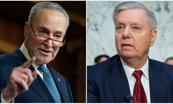 L: Senate Minority Leader Chuck Schumer (D-N.Y) holds a press conference at the US Capitol in Washington on Dec. 16, 2019. R: Chairman of the Senate Judiciary Committee Lindsey Graham (R-S.C.) at a Senate Judiciary Committee hearing on Capitol Hill in Washington on Dec. 11, 2019. (Saul Loeb/AFP via Getty Images)