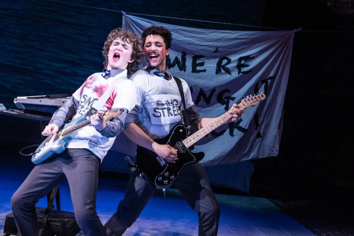 Brenock O'Connor (L) and Jakeim Hart in “Sing Street” at New York Theatre Workshop. (Matthew Murphy)