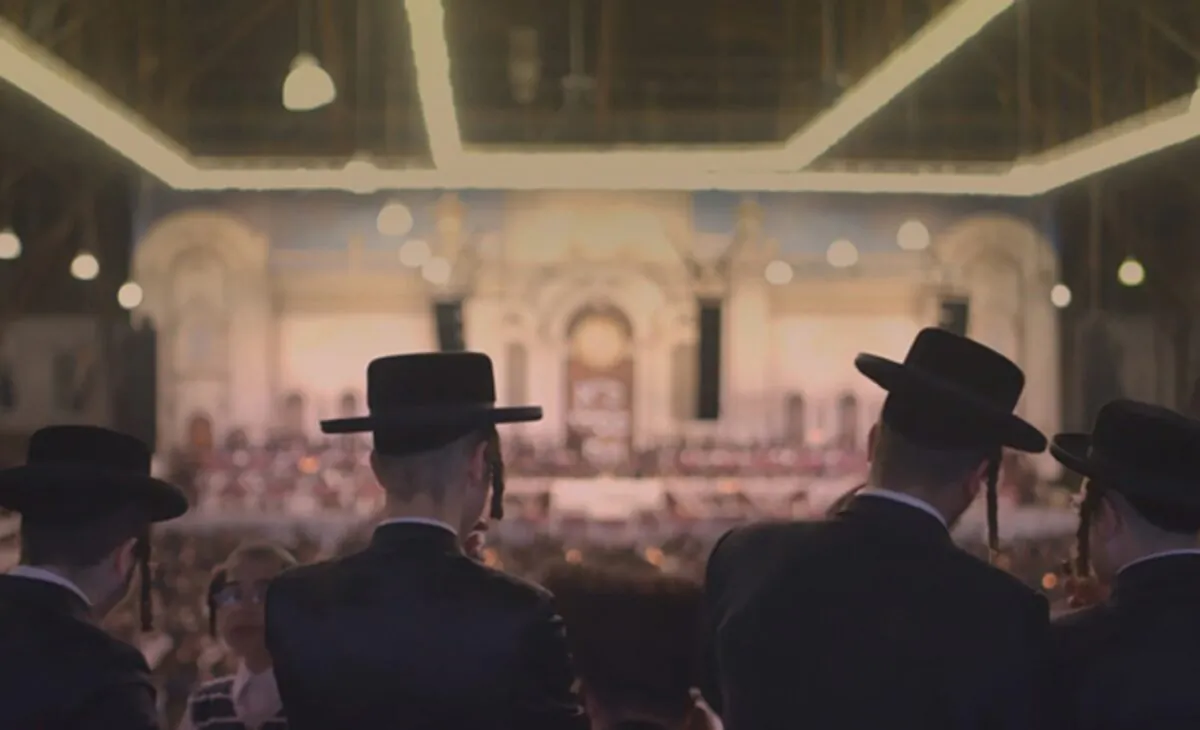 Inside a mega-synagogue in the film “City of Joel.” (Samuel Goldwyn Films)