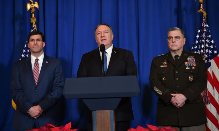Secretary of State Mike Pompeo (C), Secretary of Defense Mark Esper (L) and Chairman of the Joint Chiefs of Staff US army general Mark A. Milley (R) speak on stage during a briefing on the past 72 hours events in Mar a Lago, Palm Beach, Fla., on Dec. 29, 2019. (Nicholas Kamm/AFP via Getty Images)