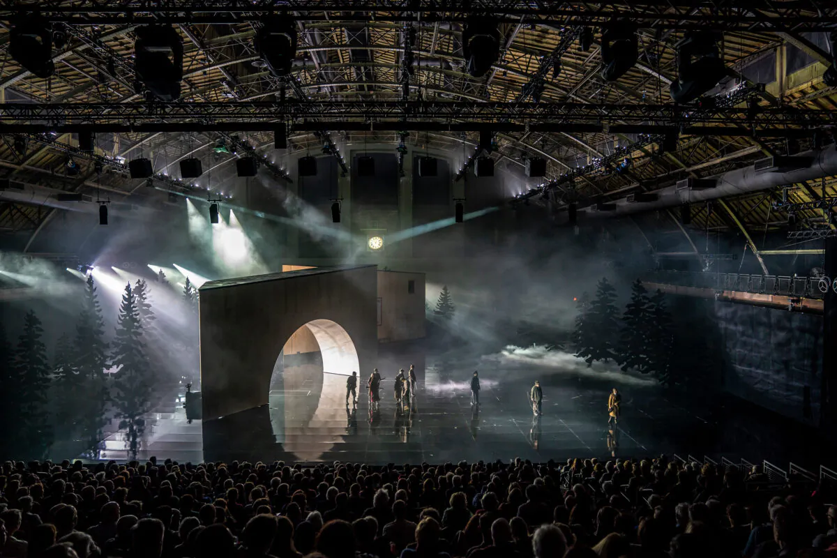 Paul Steinberg’s set for “Judgment Day” in the cavernous space of the Park Avenue Amory. (Stephanie Berger)