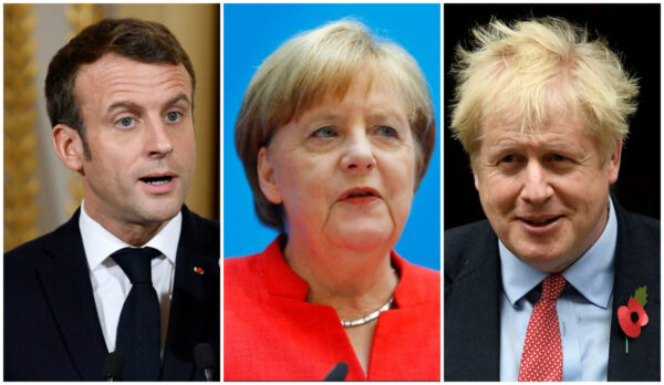 Heads of state of the E3 group of countries: (L) French President Emmanuel Macron during a news conference at the Elysee Palace in Paris on April 25, 2019. (Philippe Wojazer/Reuters), (C) German Chancellor Angela Merkel attends a press conference after the board meeting of Germany's Christian Democratic Union (CDU) in Berlin, Germany, June 18, 2018. (Reuters/Hannibal Hanschke), (R) Britain's Prime Minister Boris Johnson is seen on Downing Street in London, Britain on Oct. 29, 2019. (Toby Melville/Reuters)