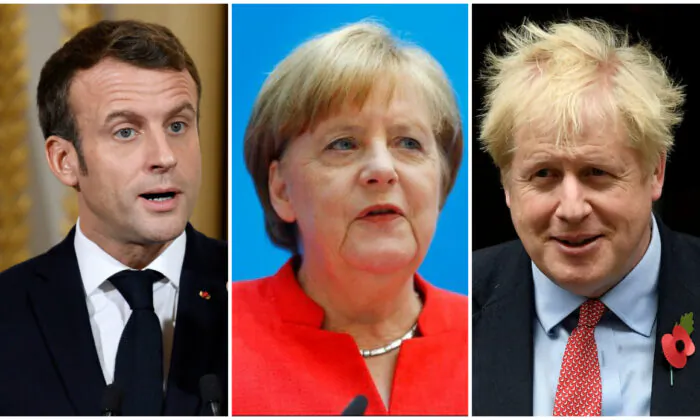 Heads of state of the E3 group of countries: (L) French President Emmanuel Macron in Paris on April 25, 2019. (Philippe Wojazer/Reuters), (C) German Chancellor Angela Merkel in Berlin, Germany, June 18, 2018. (Hannibal Hanschke/Reuters), (R) Britain's Prime Minister Boris Johnson in London on Oct. 29, 2019. (Toby Melville/Reuters)
