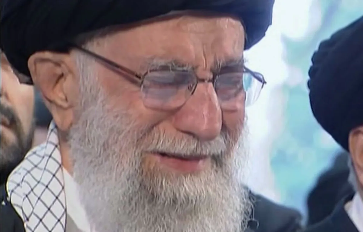Iranian Supreme Leader Ayatollah Ali Khamenei openly weeps as he leads a prayer over the coffin of Gen. Qassem Soleimani at the Tehran University campus, in Tehran, Iran, on Jan. 6, 2020. (Iran Press TV via AP)