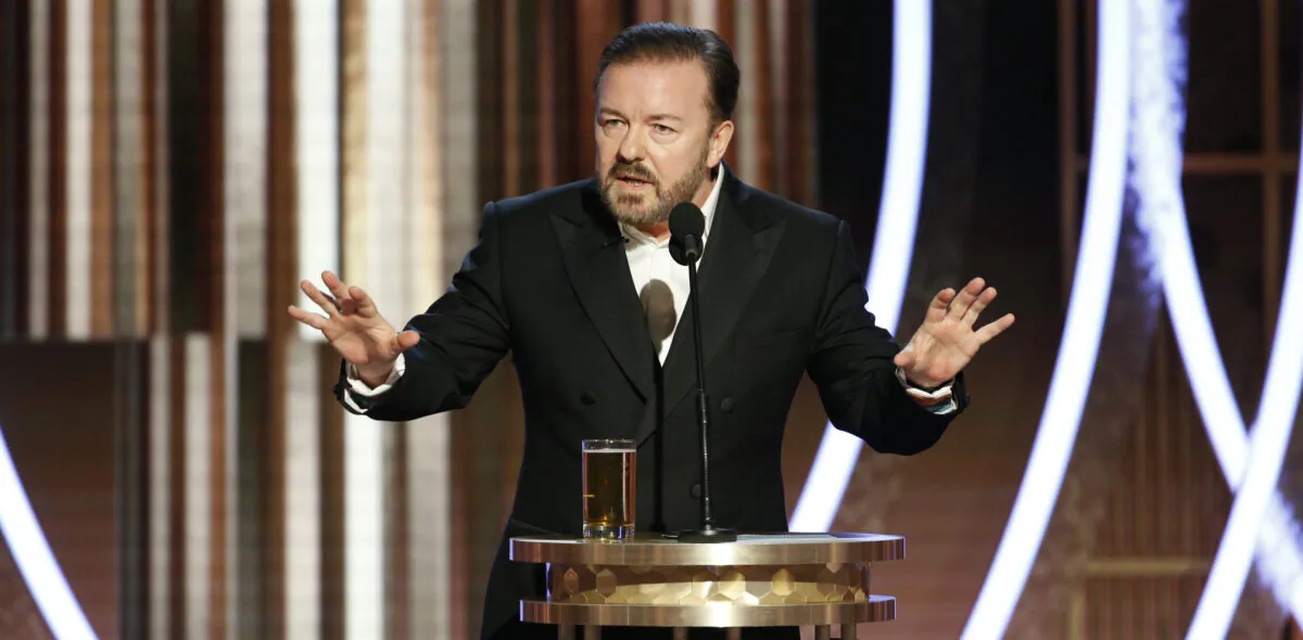 Ricky Gervais speaks onstage during the 77th Annual Golden Globe Awards at The Beverly Hilton Hotel in Beverly Hills, Calif., on Jan. 5, 2020. (Paul Drinkwater/NBCUniversal Media, LLC via Getty Images)