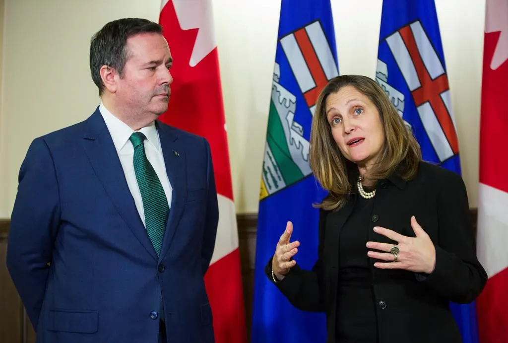 Alberta Premier Jason Kenney meets with Deputy Prime Minister Chrystia Freeland in Calgary on Jan. 7, 2020. (The Canadian Press/Todd Korol)