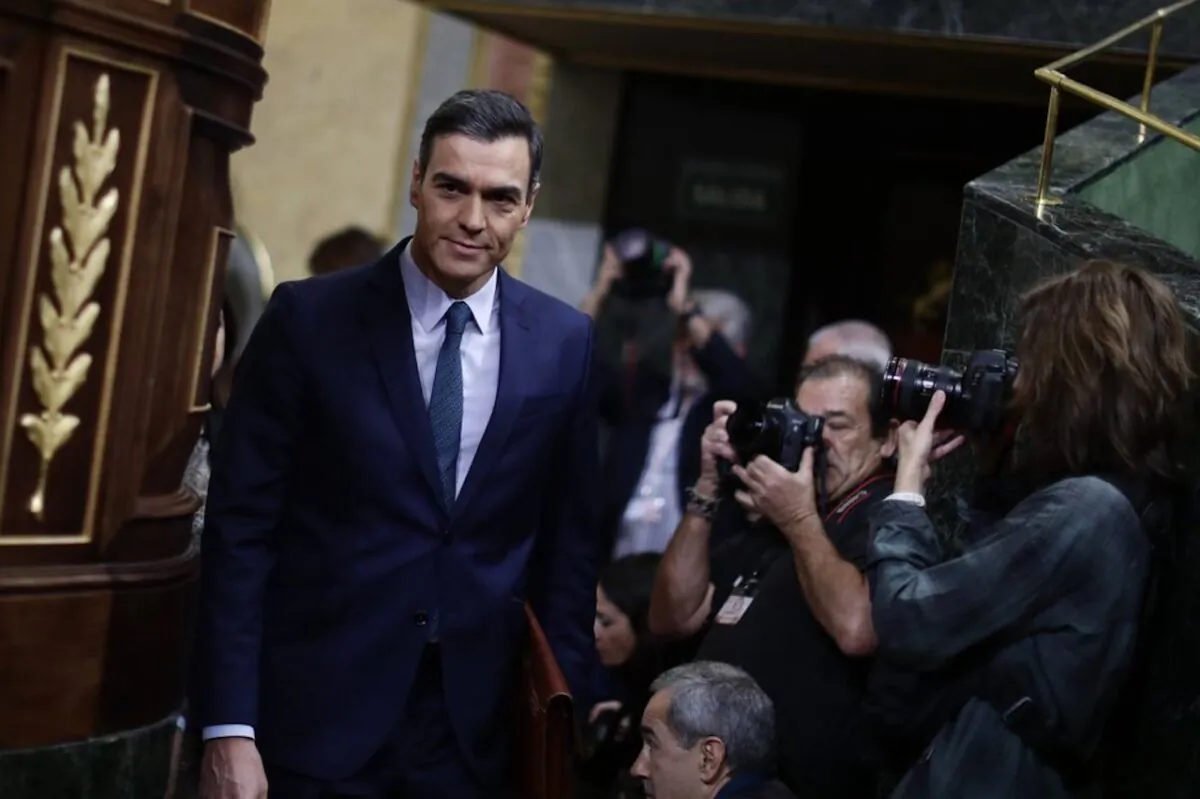 Spain's caretaker Prime Minister Pedro Sanchez arrives at the Spanish Parliament in Madrid, Spain, Sunday, Jan. 5, 2020. (AP Photo/Manu Fernandez)